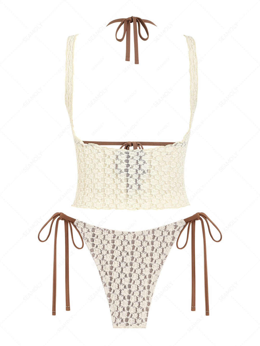 Seamolly 3 Piece Swimsuit - Lace Shell Decor Halter Triangle Bikini Set & Crop Tank Top
