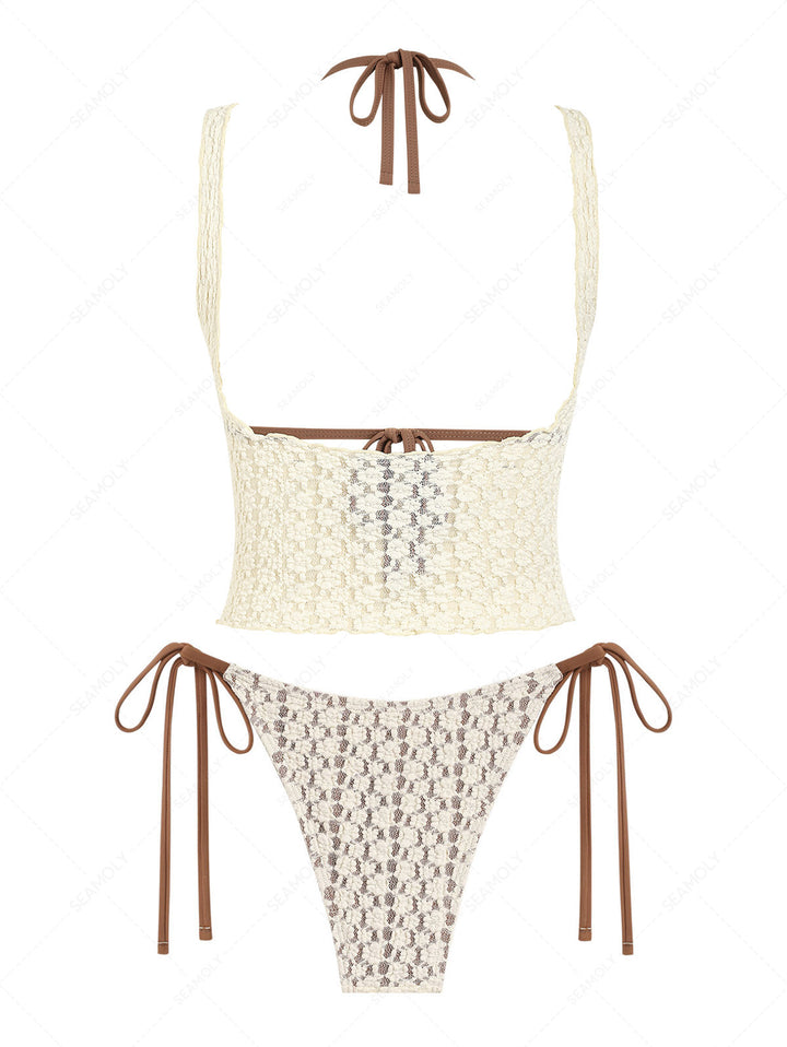 Seamolly 3 Piece Swimsuit - Lace Shell Decor Halter Triangle Bikini Set & Crop Tank Top