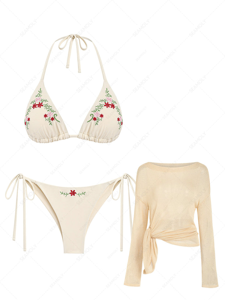 Seamolly 3 Piece Swimsuit - Embroidery Triangle Cheeky Brazilian Bottom Bikini Set & Pullover Beach Top