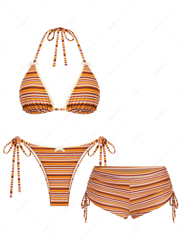Seamolly 3 Piece Striped Lace Bowknot Triangle Cinched Boyshort Bikini Set