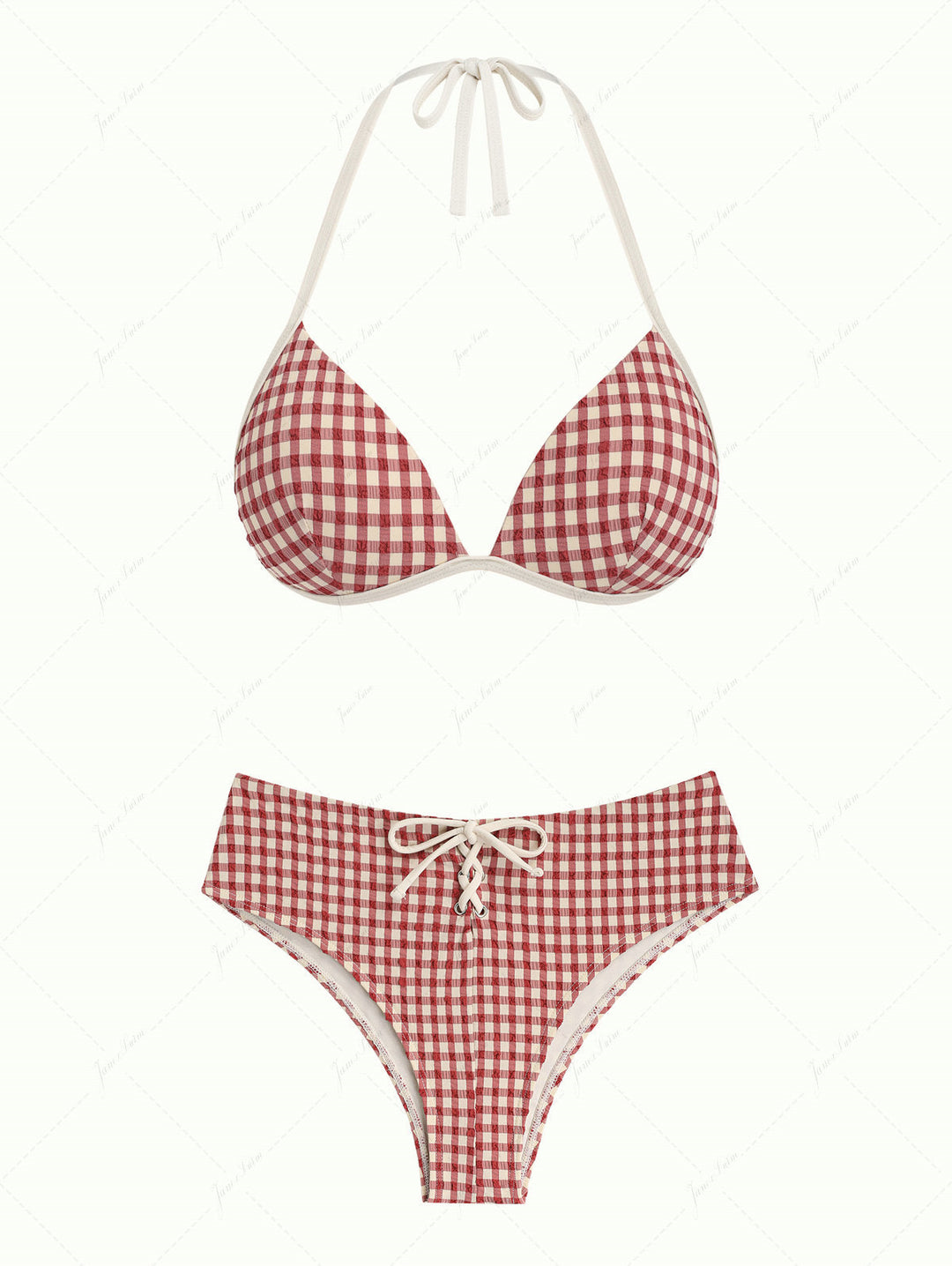Pomegranate Red Gingham Halter Triangle Push Up Bikini Set