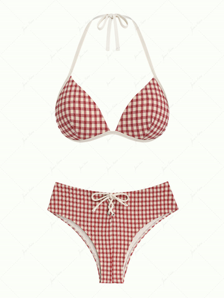 Pomegranate Red Gingham Halter Triangle Push Up Bikini Set