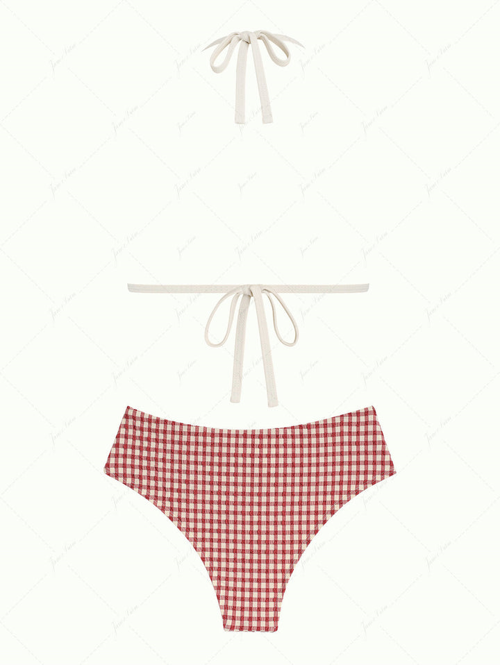 Pomegranate Red Gingham Halter Triangle Push Up Bikini Set