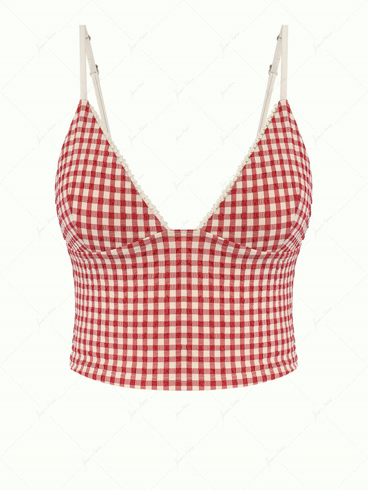 Pomegranate Red Gingham Lace Trim Slim Fit Cami Tankini Top