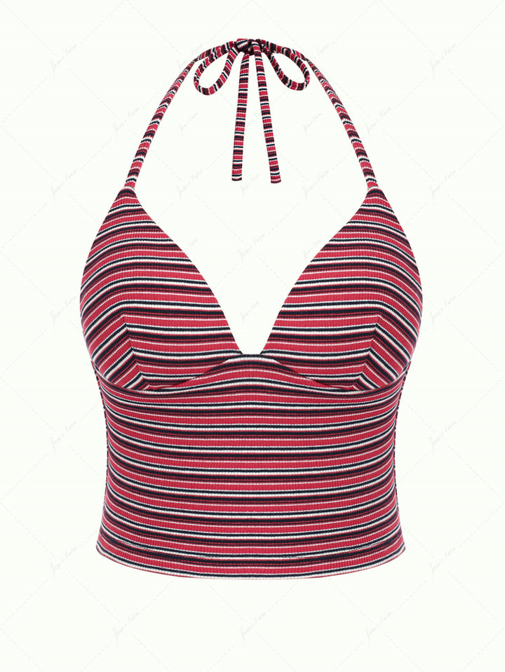 Red Knit Striped Ribbed Molded Cups Support Tankini Top