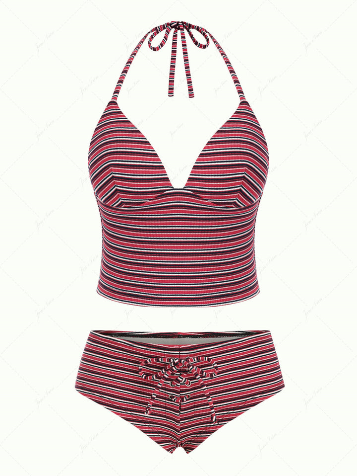 Janex Red Knit Striped Ribbed Halter Push Up Top & Cheeky Boyshorts Tankini Set