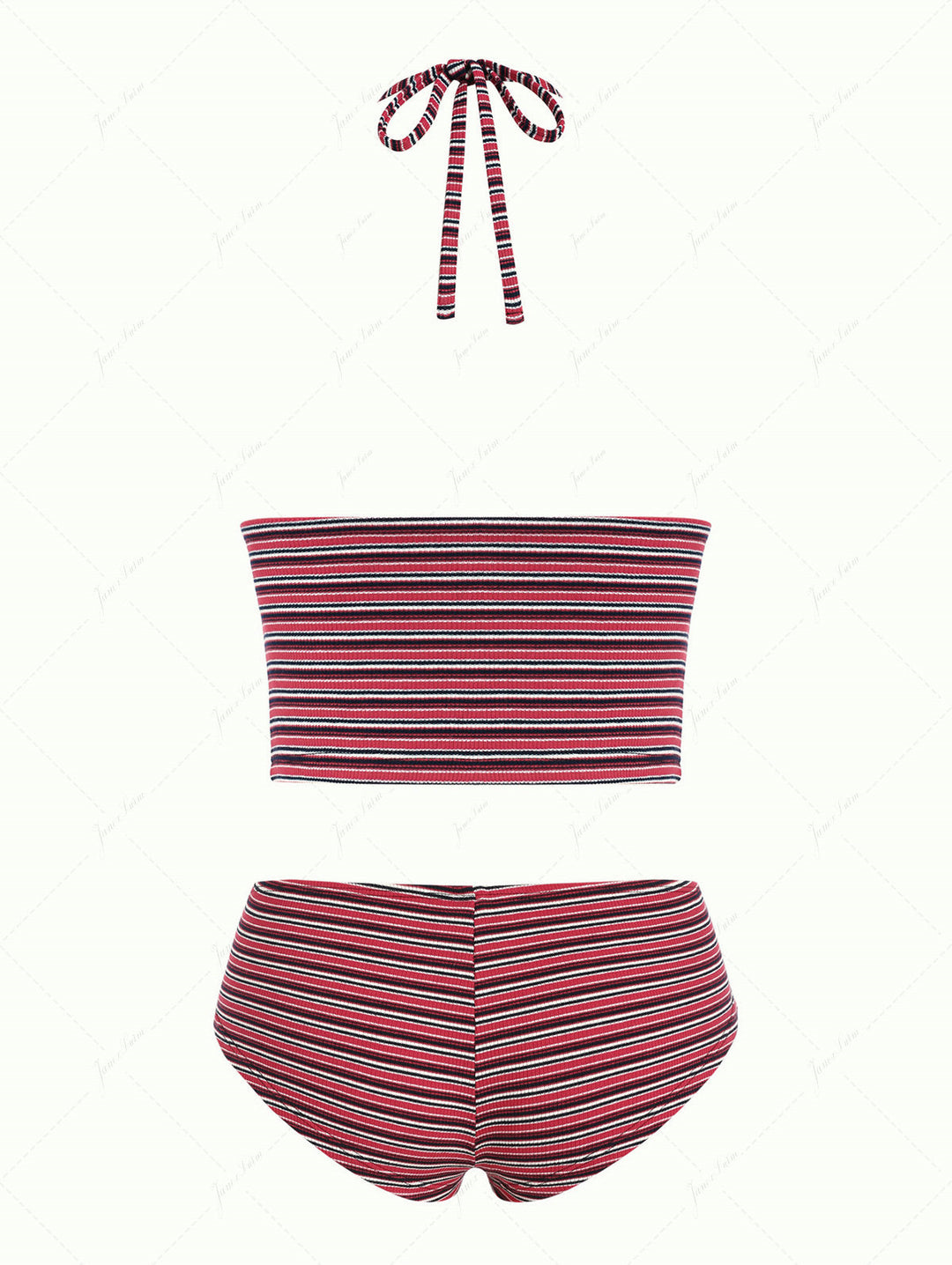 Janex Red Knit Striped Ribbed Halter Push Up Top & Cheeky Boyshorts Tankini Set