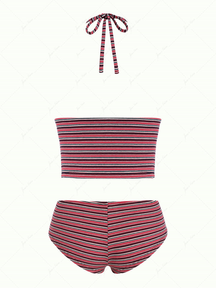 Janex Red Knit Striped Ribbed Halter Push Up Top & Cheeky Boyshorts Tankini Set
