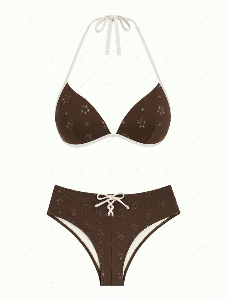 Deep Coffee Recycled Fabric Eyelet Jacquard Push Up Bikini Set