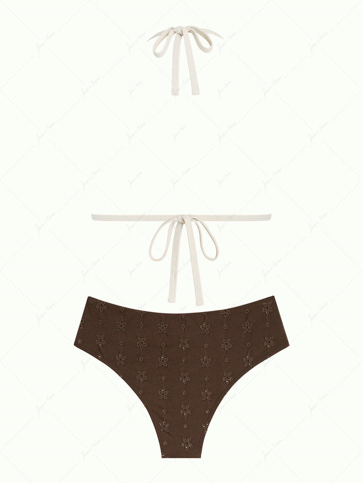 Deep Coffee Recycled Fabric Eyelet Jacquard Push Up Bikini Set