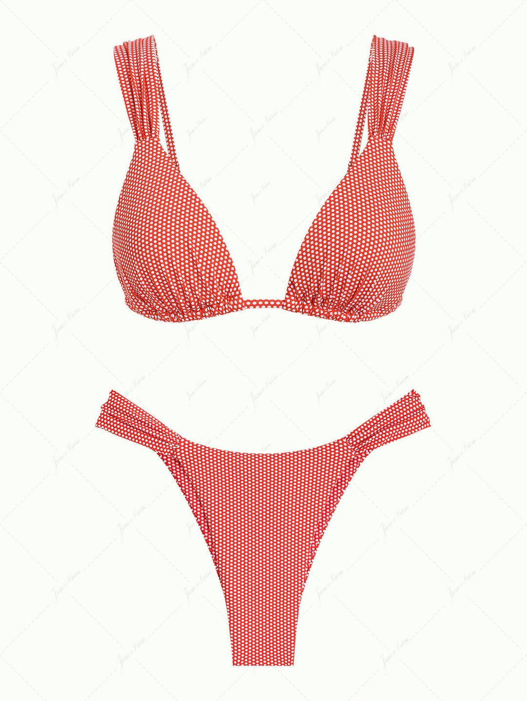 Cherry Red Polka Dot Print Ruched Triangle Bikini Set