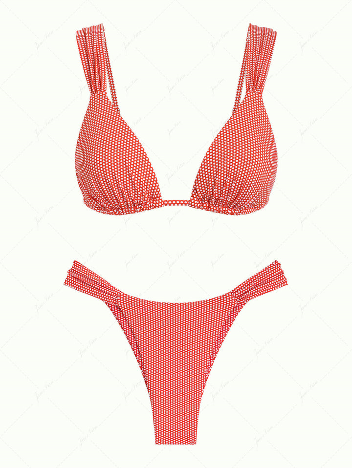 Cherry Red Polka Dot Print Ruched Triangle Bikini Set