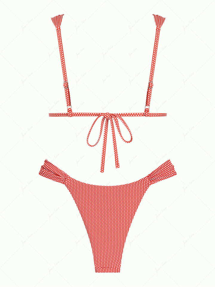 Cherry Red Polka Dot Print Ruched Triangle Bikini Set