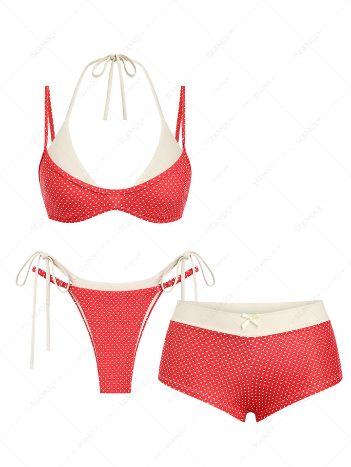 Seamolly 3 Piece Polka Dot Print String Double Layer Cheeky Boyshort Bikini Set