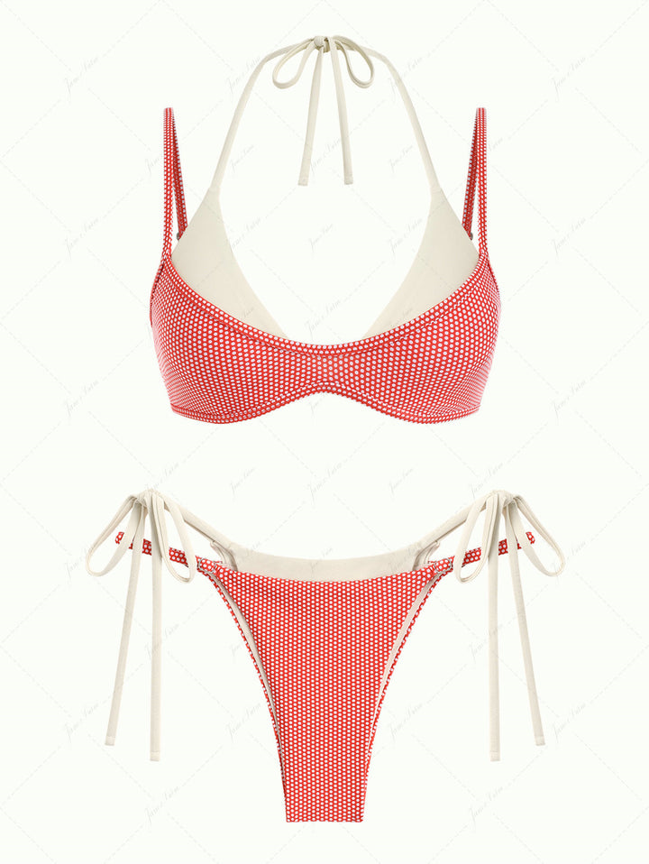 Janex Cherry Red Polka Dot Print Tie Side Double Layer Bikini Set
