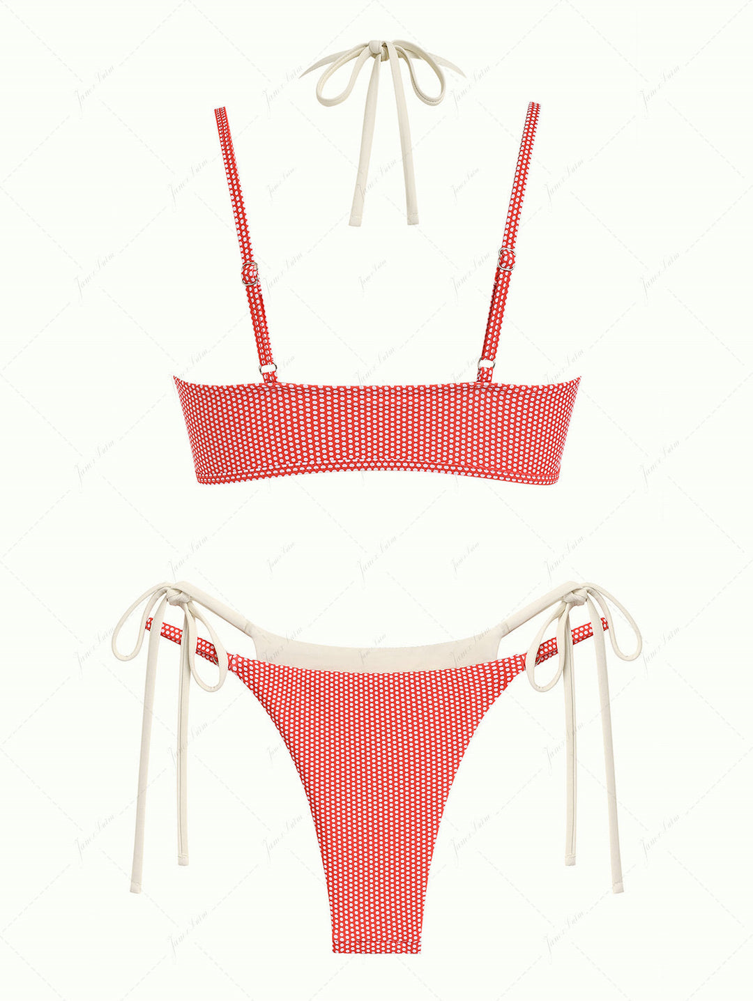 Janex Cherry Red Polka Dot Print Tie Side Double Layer Bikini Set
