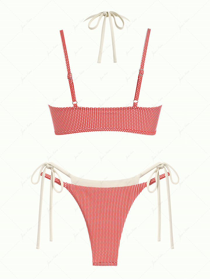 Janex Cherry Red Polka Dot Print Tie Side Double Layer Bikini Set