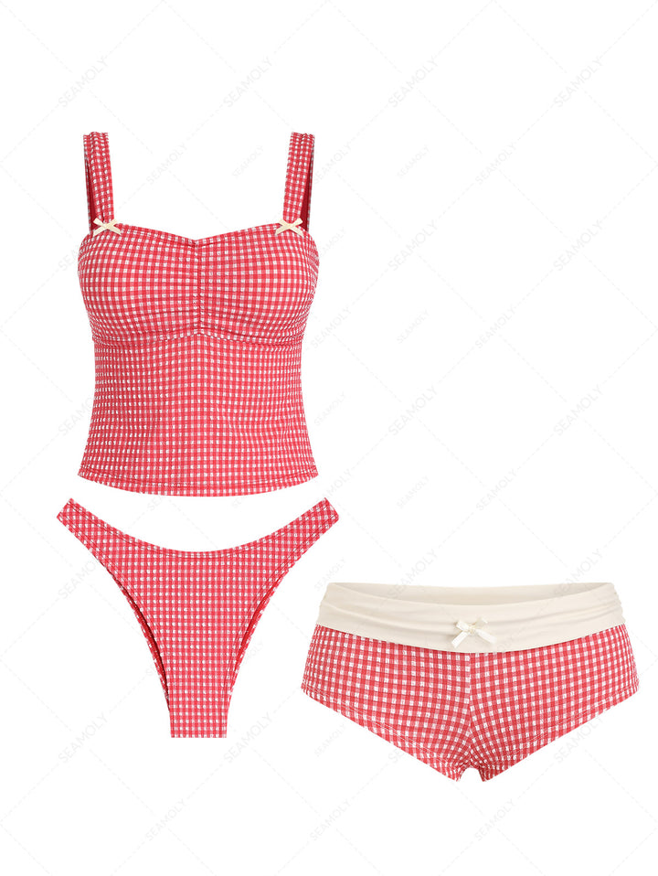 Seamolly 3 Piece Gingham Textured Ruched Bowknot Cheeky Boyshort Tankini Set