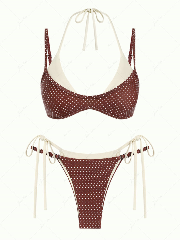 Janex Brown Polka Dot Print Tie Side Double Layer Bikini Set
