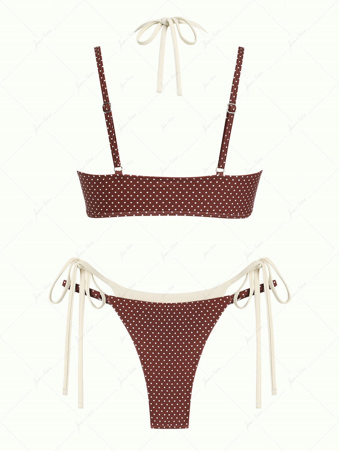 Janex Brown Polka Dot Print Tie Side Double Layer Bikini Set