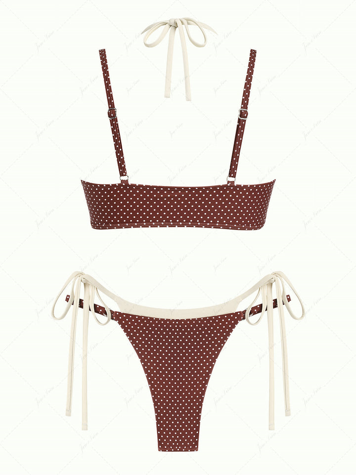 Janex Brown Polka Dot Print Tie Side Double Layer Bikini Set