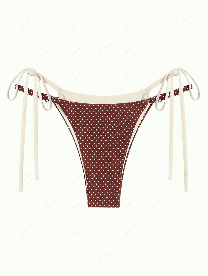 Brown Polka Dot Print Tie Side Double Layer Bikini Bottom