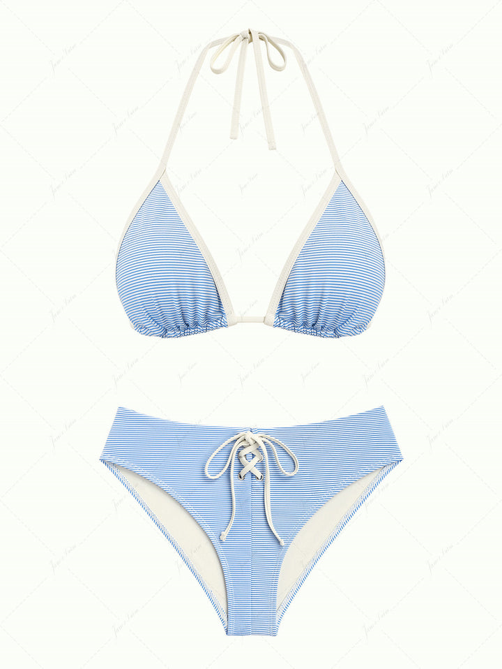 Sky Blue Striped Contrast Binding Halter Triangle Half-Cover Bikini Set
