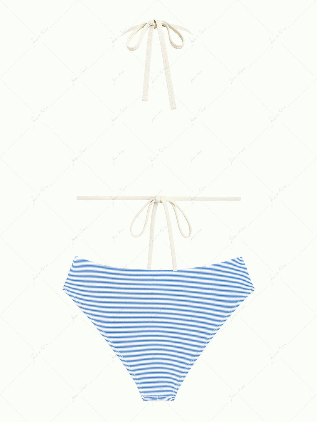 Sky Blue Striped Contrast Binding Halter Triangle Half-Cover Bikini Set