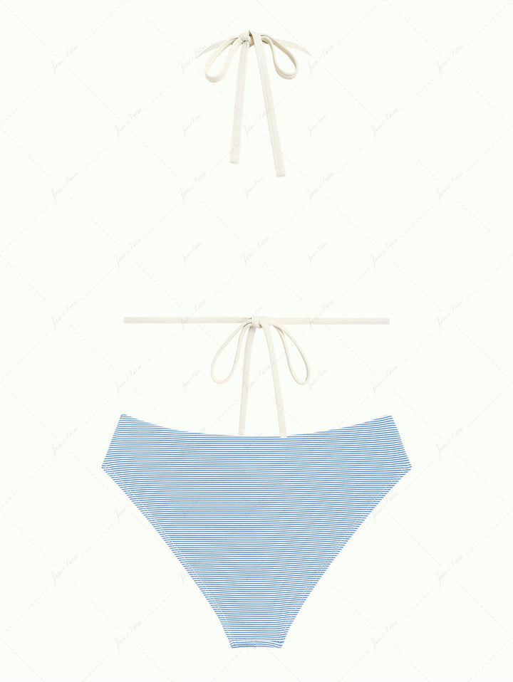 Sky Blue Striped Contrast Binding Halter Triangle Half-Cover Bikini Set