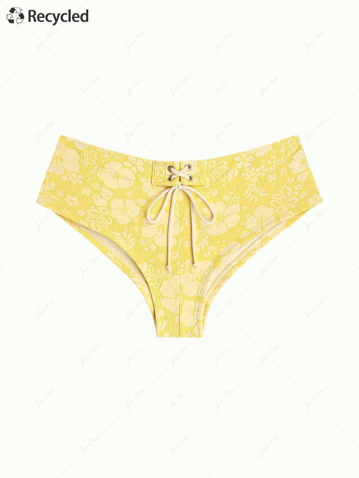 Yellow Recycled Fabric Jacquard Grommet Lace Up Bikini Bottom Cheeky Swim Boyshorts