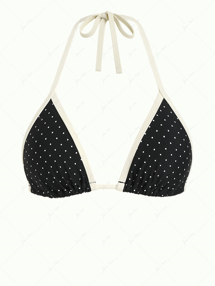 Black Polka Dot Contrast Binding Halter Triangle Bikini Top