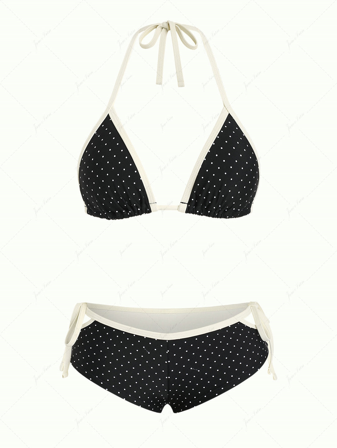 Black Polka Dot Contrast Binding Halter Triangle Bikini Set