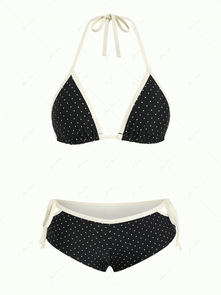 Black Polka Dot Contrast Binding Halter Triangle Bikini Set
