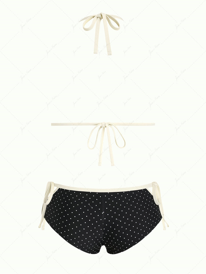 Black Polka Dot Contrast Binding Halter Triangle Bikini Set