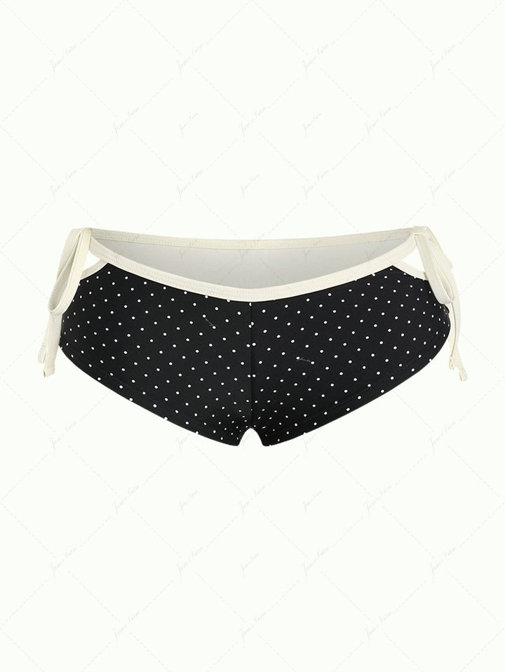 Black Polka Dot Contrast Binding Cutout Tie  Bikini Bottom Cheeky Swim Boyshorts