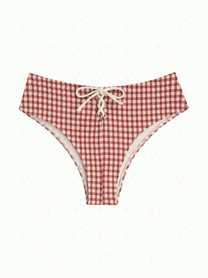 Pomegranate Red Gingham Grommet Lace Up Bikini Bottom