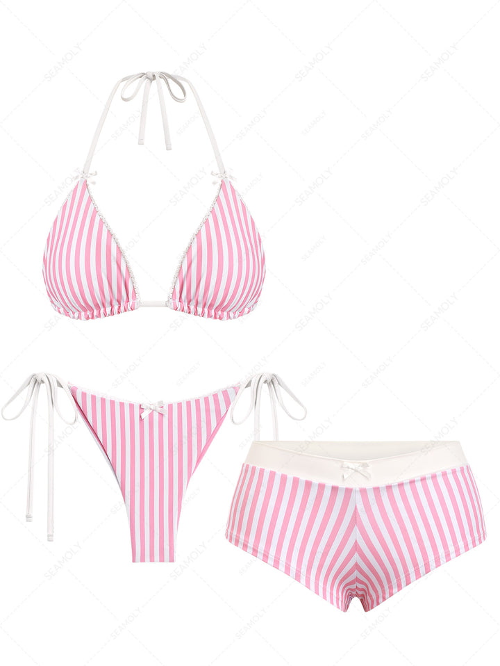 Seamolly 3 Piece Striped Lace Bowknot Triangle Brazilian Cheeky Boyshort Bikini Set