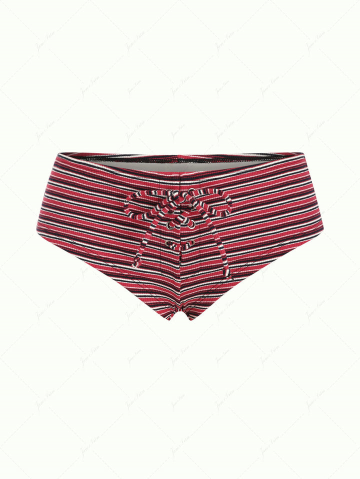 Red Knit Striped Ribbed Grommet Lace Up Bikini Bottom Cheeky Swim Boyshorts
