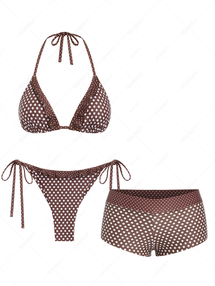 Seamolly 3 Piece Polka Dot Ruffles Triangle Brazilian Cheeky Boyshort Bikini Set