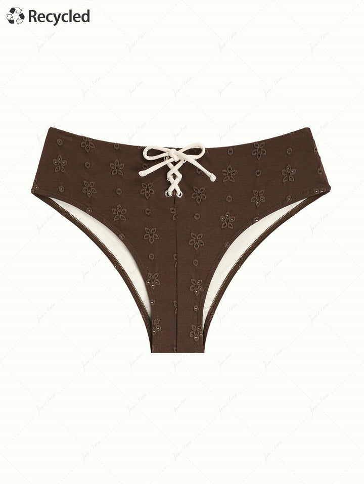 Deep Coffee Recycled Fabric Eyelet Jacquard Lace Up Bikini Bottom
