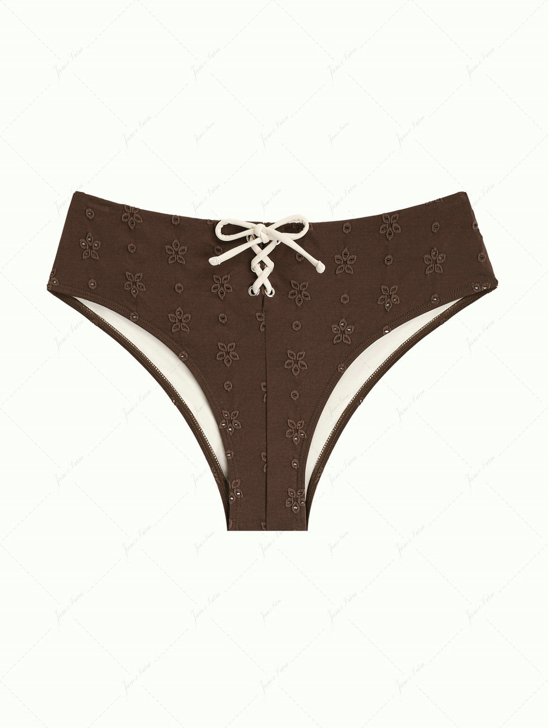 Deep Coffee Recycled Fabric Eyelet Jacquard Lace Up Bikini Bottom