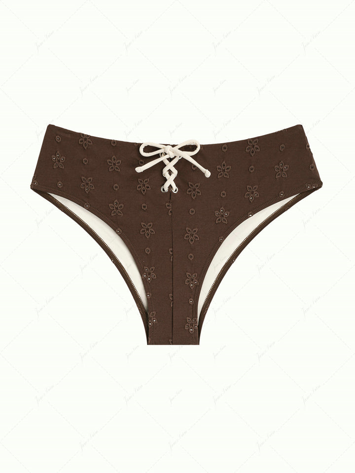 Deep Coffee Recycled Fabric Eyelet Jacquard Lace Up Bikini Bottom