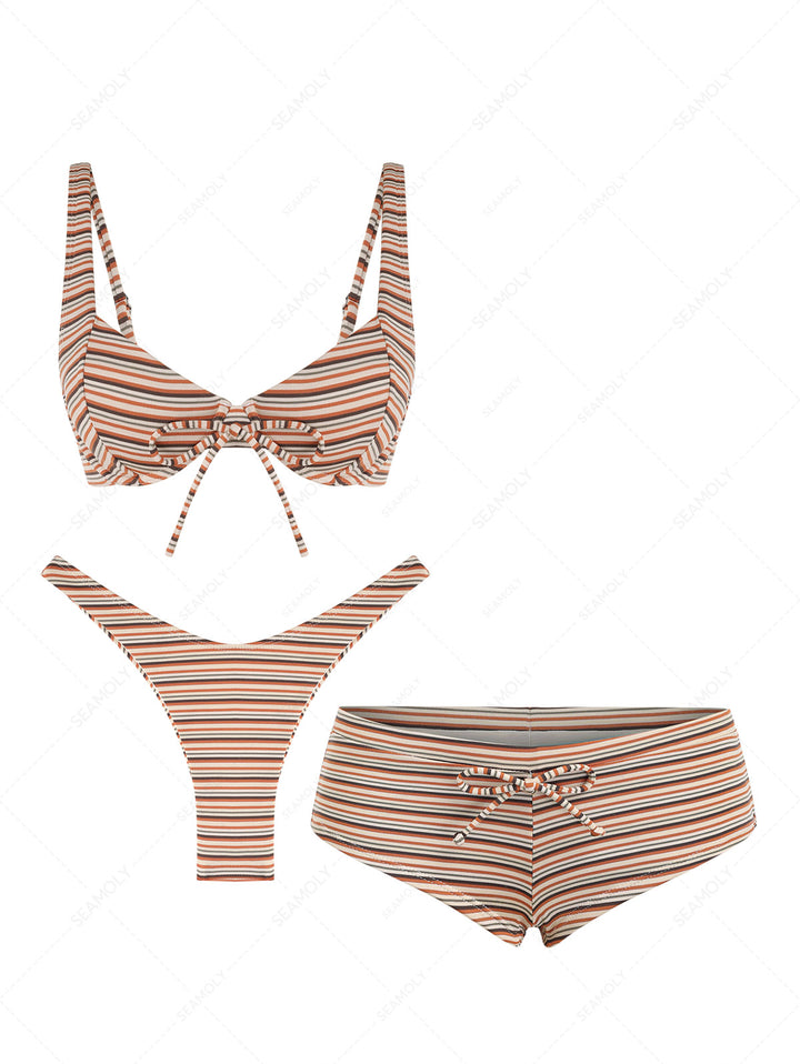 Seamolly 3 Piece Ribbed Striped Bowknot Underwire Cheeky Boyshort Bikini Set