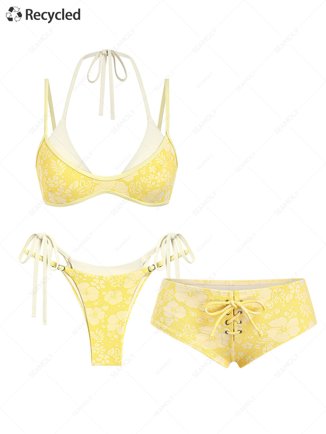 Seamolly 3 Piece Recycled Fabric Jacquard String Double Layer Cheeky Boyshort Bikini Set