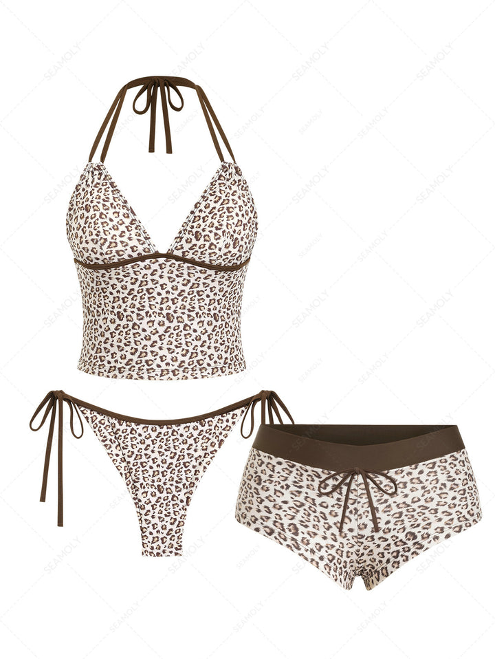 Seamolly 3 Piece Leopard Print Halter Brazilian Cheeky Boyshort Tankini Set