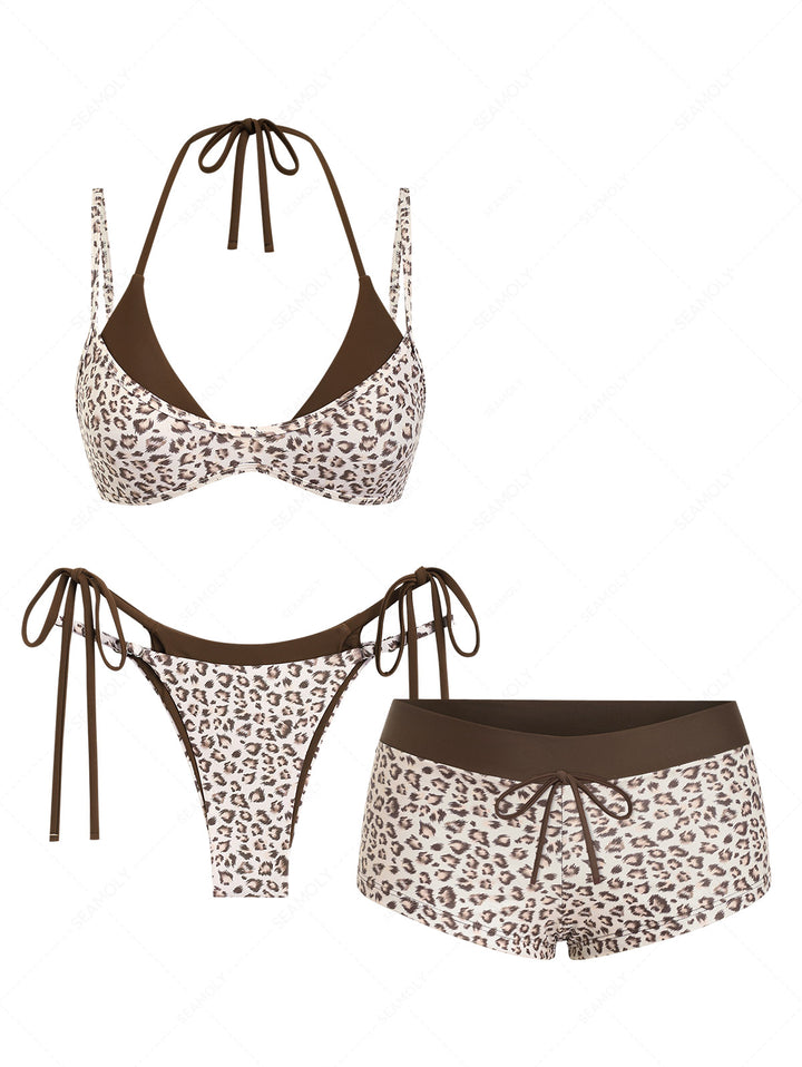 Seamolly 3 piece Leopard Print Double Layer Cheeky Boyshort Bikini Set