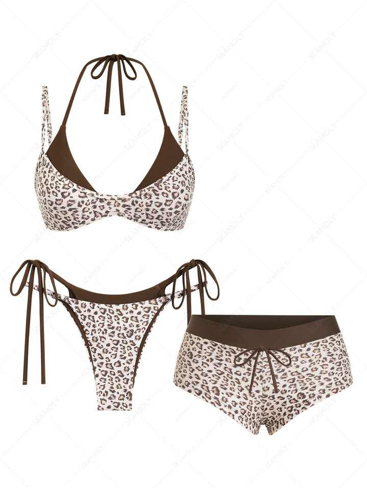 Seamolly 3 piece Leopard Print Double Layer Cheeky Boyshort Bikini Set