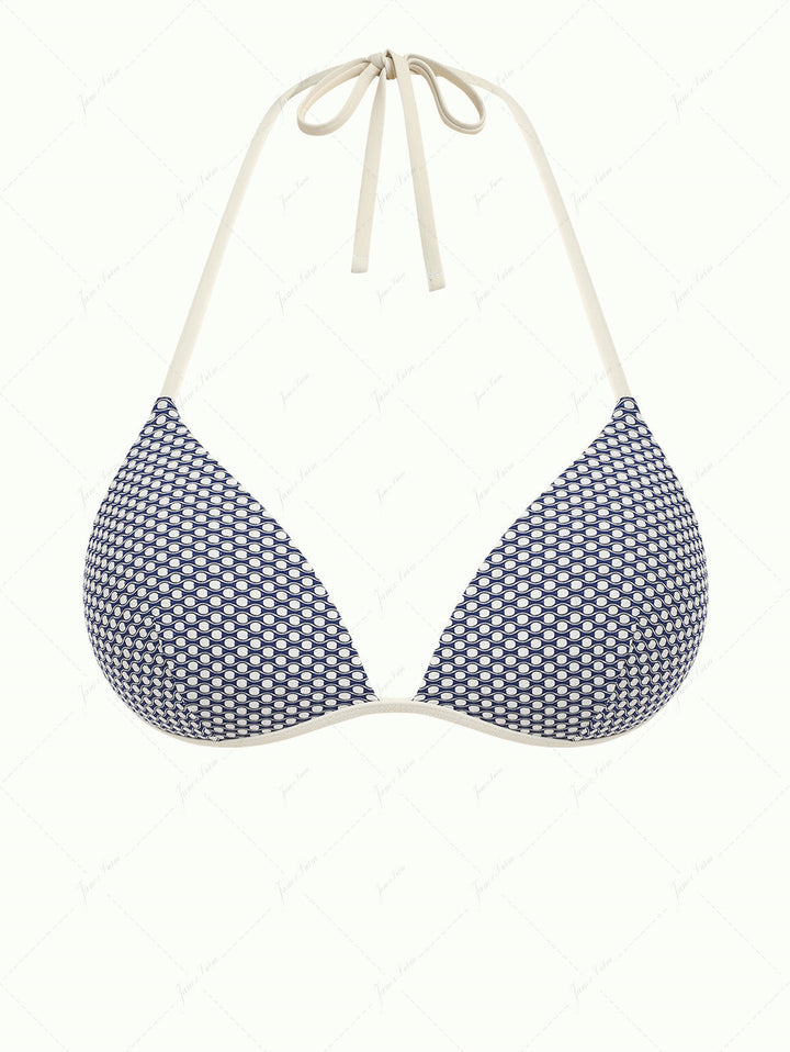Deep Blue Polka Dot Print Molded Cups Support Triangle Bikini Top