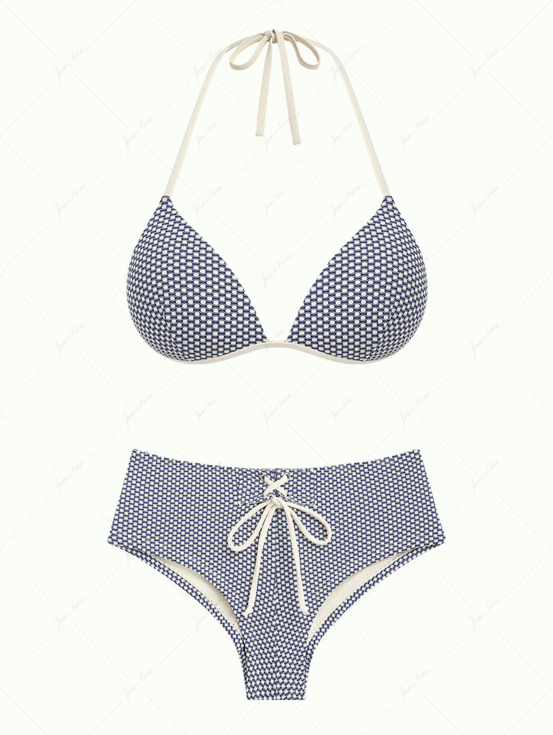 Deep Blue Polka Dot Print Triangle Push Up Top & Cheeky Boyshort Bikini Set