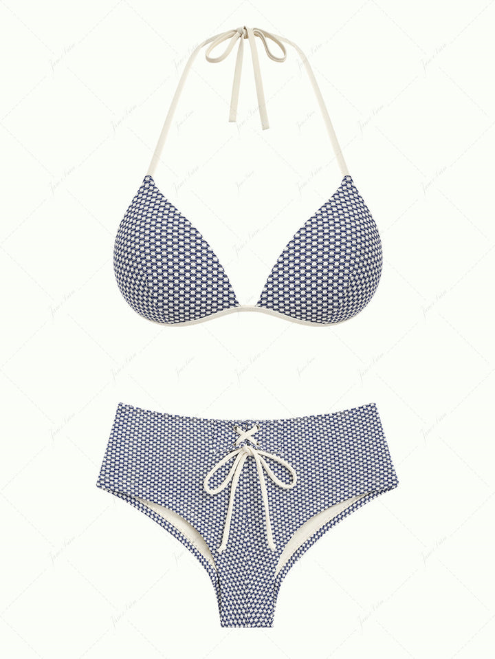 Deep Blue Polka Dot Print Triangle Push Up Top & Cheeky Boyshort Bikini Set